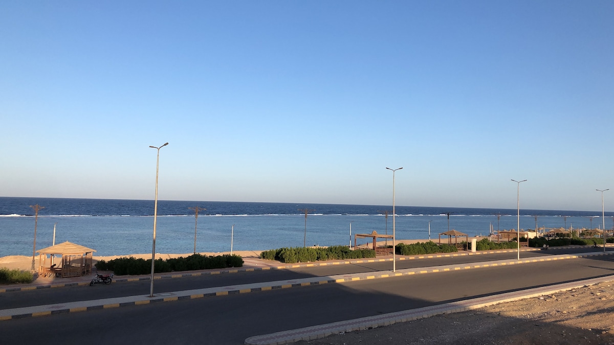 A coastal view is presented, featuring the calm blue waters of the Red Sea under a clear sky. The shoreline includes greenery and a walkway area. Streetlights line the road, enhancing the inviting scenery, while beach umbrellas and huts are visible in the distance.