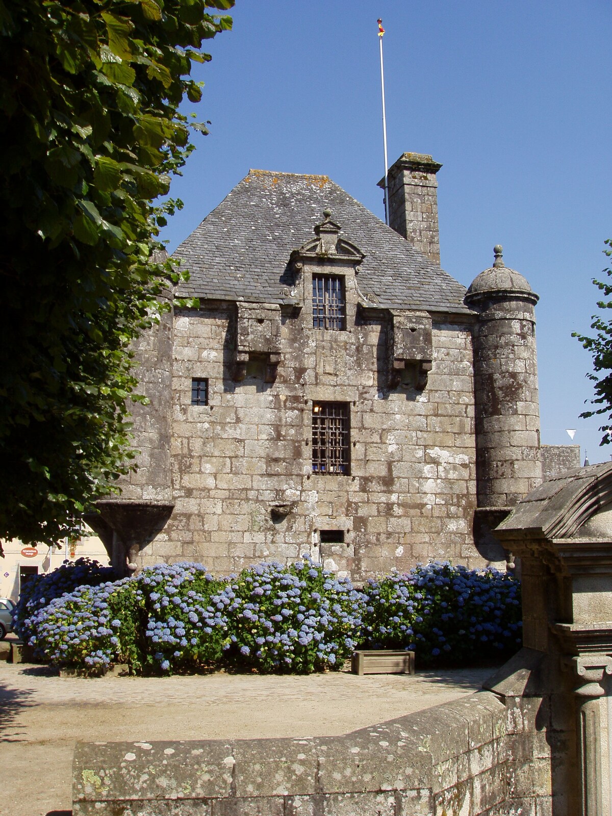 An ivy-covered stone building with a tower stands amidst vibrant blue hydrangeas. The structure features a unique roofline and multiple windows, framed by trees. A flag is seen flying from the top. Clear skies provide natural light, enhancing the historical architecture.