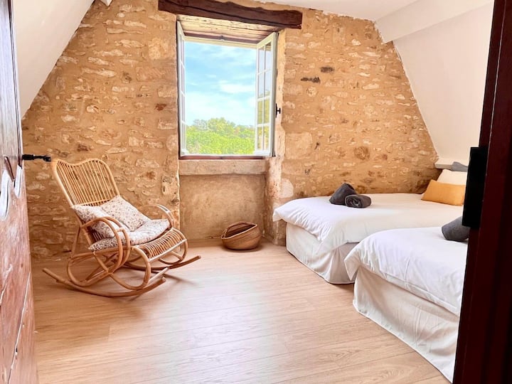 1-ელ სართულზე მდებარე ფართო საძინებელი „Mésange“ მდებარეობს სახლის წინა ნაწილში.

Აქ იშლება ულამაზესი ხედი ბალახის მინდორზე და ახლომდებარე თვალწარმტაცი ფრანგული ქვიშაქვის სახლები. 

Ამ ოთახში არის კონდიციონერი.

Ერთადგილიანი საწოლები შეიძლება გაკეთდეს, როგორც დიდი საწოლი