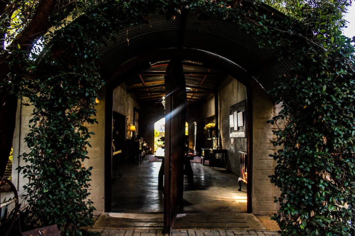 An inviting entrance framed by lush greenery leads into a spacious interior. The archway reveals wooden floors and softly lit spaces, with tastefully arranged furniture and decor elements visible inside. Sunlight filters in, creating a warm ambiance within the setting.