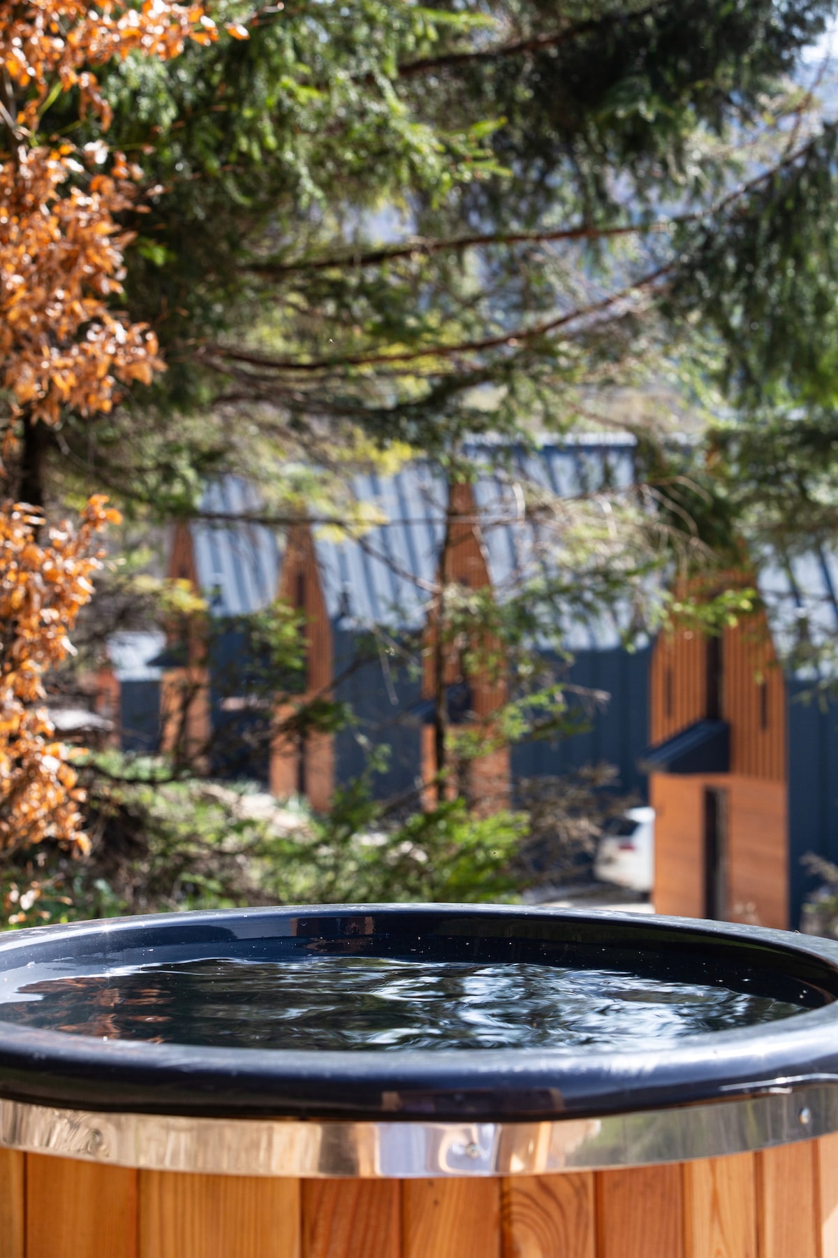A wooden hot tub is positioned amidst lush greenery, showcasing its polished rim and reflective water surface. In the background, the natural wood and metal structures of the cabins are visible, harmonizing with the surrounding landscape.