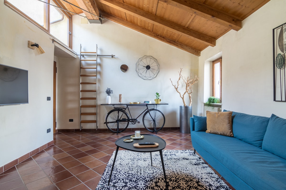 The open-plan living area features a blue sofa complemented by a black coffee table. A wooden ladder leans against the wall, leading up to an upper loft. Natural light enters through two windows, illuminating the space with a simple decor.