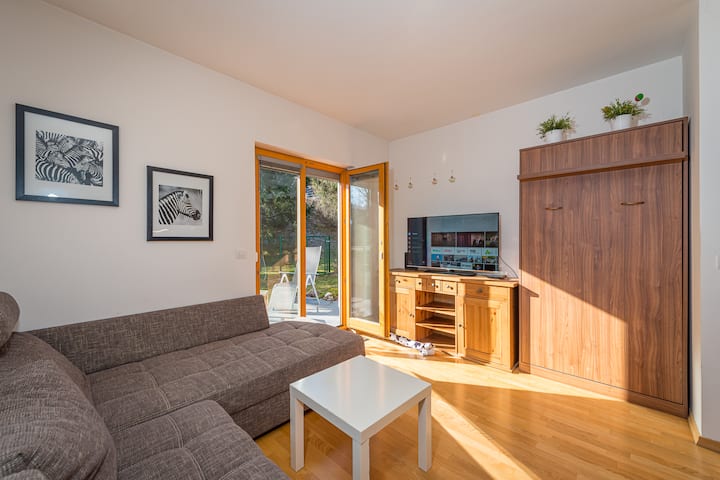 客厅宽敞，配有折叠沙发