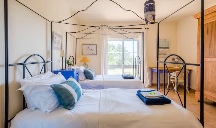 Bedroom 2, twin bed with ensuite bathroom, garden access