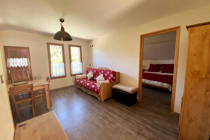 Ambient ndenjjeje me kuzhinë të hapur. Divani i krevatit është mjaft i rehatshëm për 2 persona.