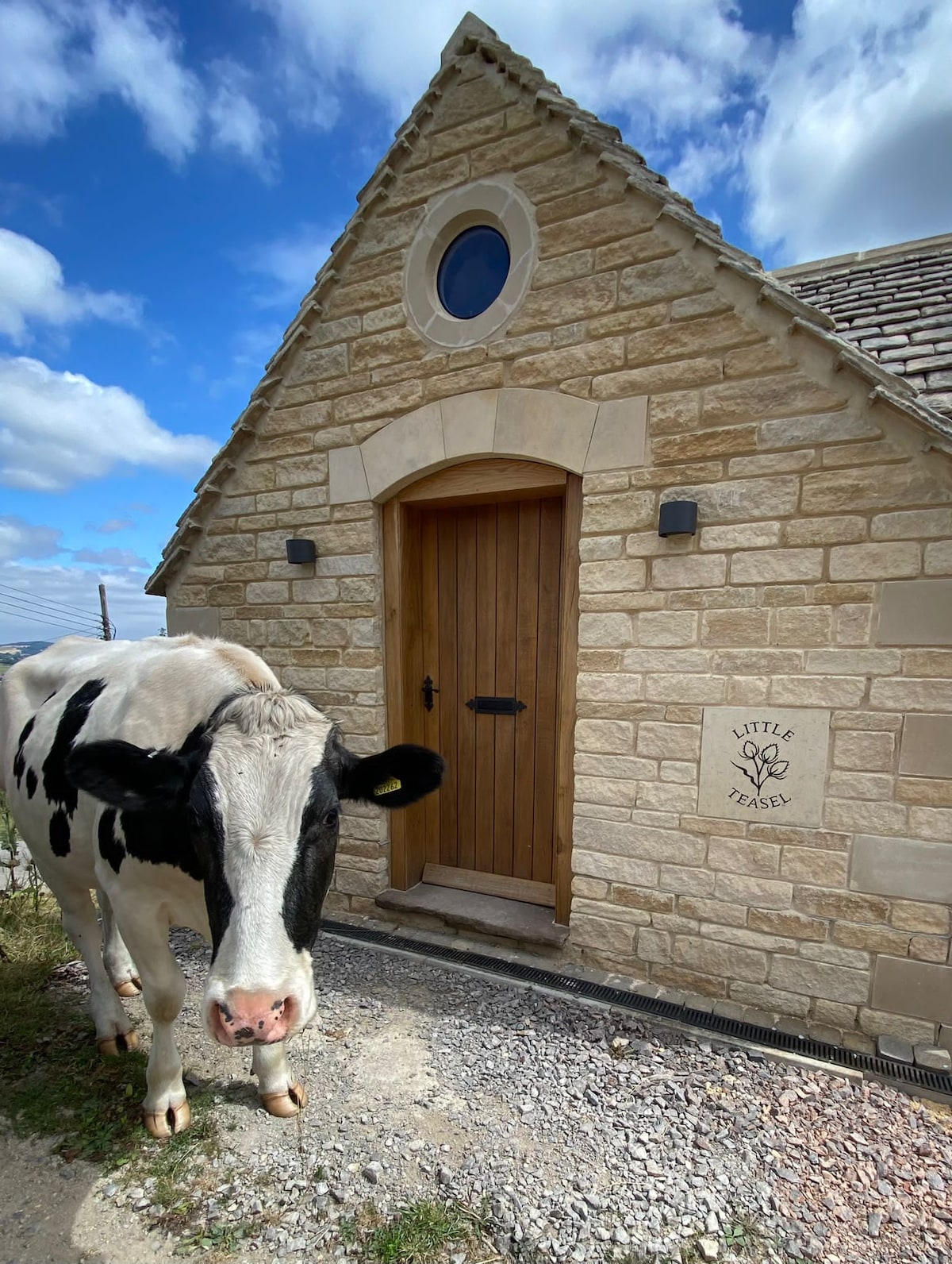 A stone building with a wooden door and a round window is depicted, complemented by a cow standing nearby. The entrance features subtle light fixtures and a sign displaying 'Little Teasel.' A blue sky with scattered clouds forms the backdrop, highlighting the rural setting.