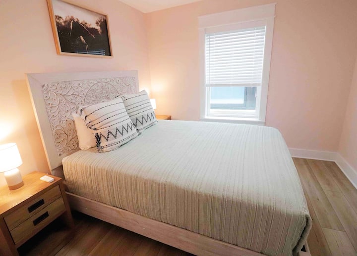 On the first floor, the Cumberland Island room pays tribute to the wild horses of nearby Cumberland Island. More decor to come, guests enjoy a comfy queen sized bed right outside the shipping container pool.