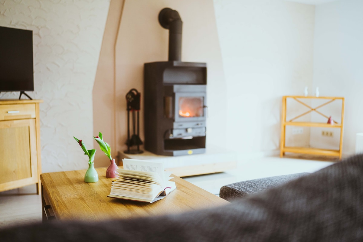 A cozy living area is featured, highlighted by a wood-burning stove with a flickering flame. A wooden coffee table is set with an open book and small vases containing fresh flowers. A television is positioned nearby, contributing to the relaxed environment.