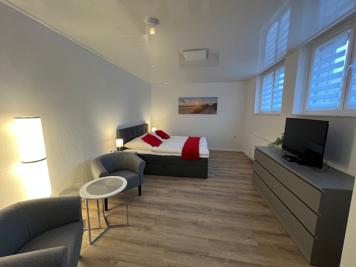 The spacious living area features a comfortable bed with red accents, flanked by soft lighting. Two cozy armchairs and a small table create a relaxed seating arrangement. A 40" HDTV is positioned on a modern dresser, and natural light enters through the bright windows.
