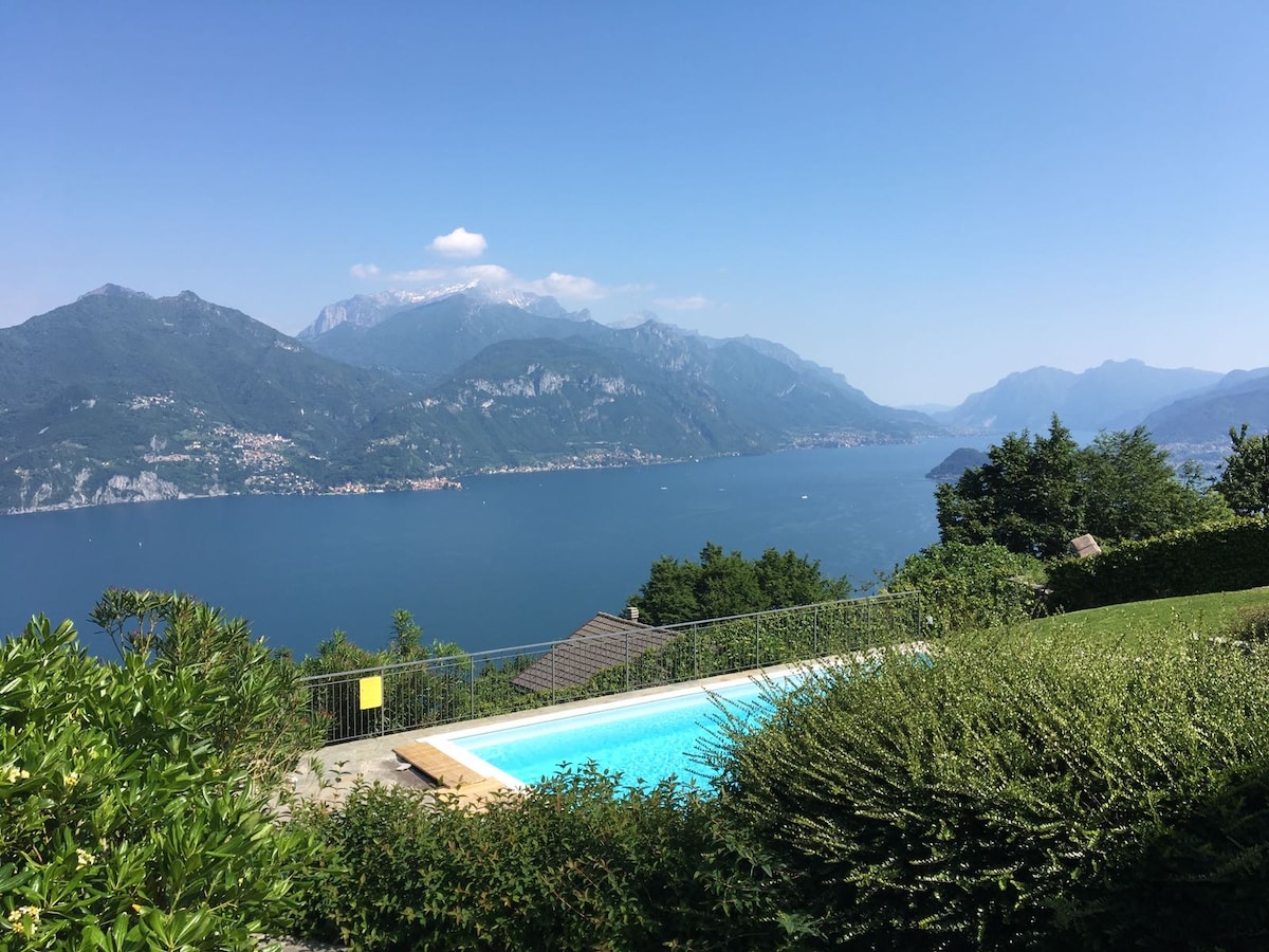 The image reveals a serene outdoor landscape featuring a swimming pool overlooking the expansive Lake di Como. Scenic mountains frame the background, with lush greenery surrounding the pool area, creating a peaceful and inviting environment.