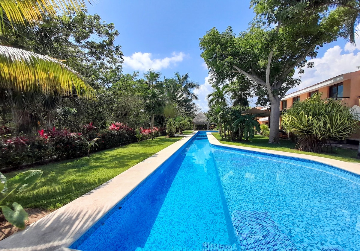 A long swimming pool reflects clear blue skies, surrounded by lush greenery and vibrant plant life. Tall palm trees and flowering shrubs line the pool area, creating a serene outdoor space that encourages relaxation.