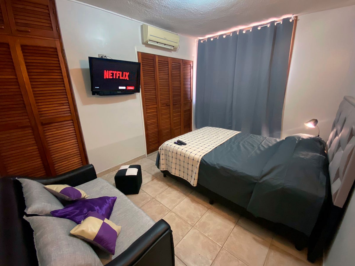 A spacious bedroom includes a double bed with a neutral-colored blanket and a black sofa with decorative pillows. A television mounted on the wall displays the Netflix logo. Natural light filters through partially covered windows, highlighting the wooden closet doors.