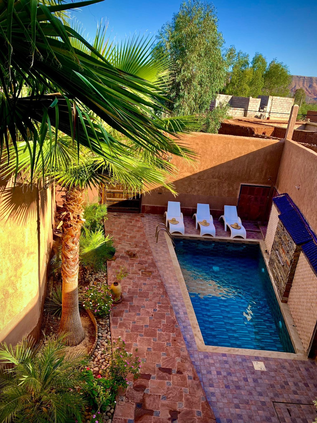 An outdoor area features a swimming pool surrounded by a tile deck, providing ample space for lounge chairs. Lush palm trees and greenery add natural elements, while textured walls in warm tones create an inviting ambiance.
