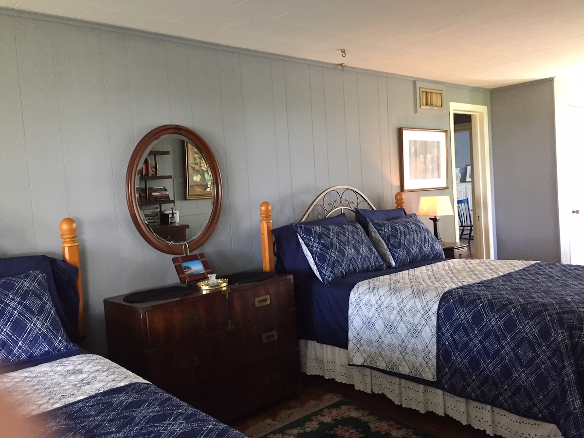 Chambre 1 
En bas, attenant à la cuisine.  La chambre dispose de deux lits doubles, ainsi que d'une bibliothèque présidentielle contenant au moins une biographie de chacun de nos présidents.
L'ameublement comprend une table de cuisine pouvant accueillir de 4 à 6 personnes, ce qui peut facilement être un poste de travail.