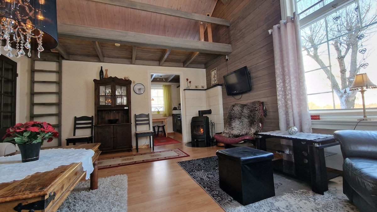The living area features high ceilings with wooden beams and large windows allowing natural light. A cozy seating arrangement includes a leather chair and a fur throw. Decorative elements include a chandelier and a wooden cabinet. A short staircase leads to an upper level.