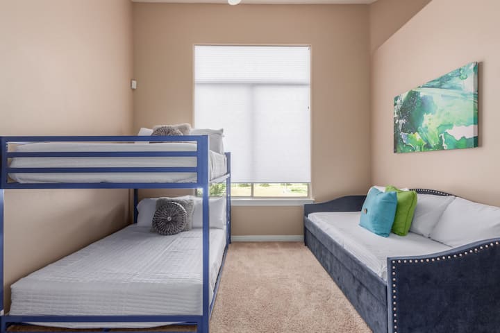 Bedroom 5- Full size bunk beds with memory foam mattresses. Daybed with (2) twin mattresses. Closet for storage space.