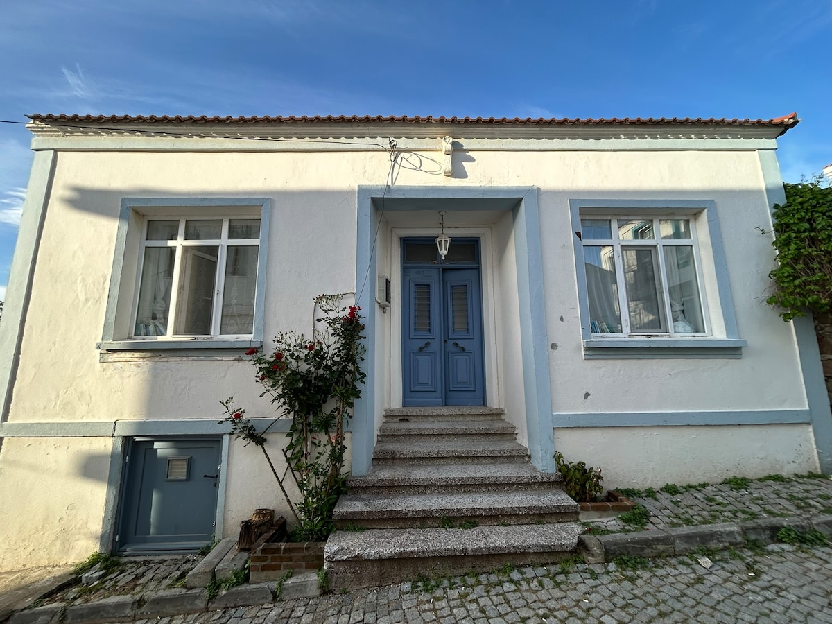 The exterior of a single-story house is shown, featuring a light-colored façade and a welcoming entrance with double blue doors. Three large windows provide natural light, while a small garden with blooming flowers and shrubs adds greenery alongside the stone steps leading up to the front door.