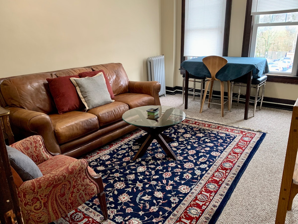 A cozy living area features a brown leather sofa accented with colorful pillows, positioned next to a round glass coffee table. A patterned area rug adds warmth, and a dining table, covered with a blue tablecloth, is visible in the background, framed by large windows.