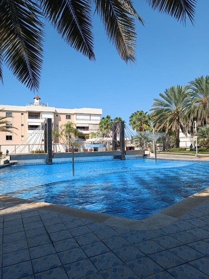 A large outdoor pool is surrounded by palm trees, offering a refreshing blue hue. The water features a splashing area, with a smooth tiled deck providing ample space for lounging. Nearby, modern buildings create a pleasant backdrop against the clear blue sky.