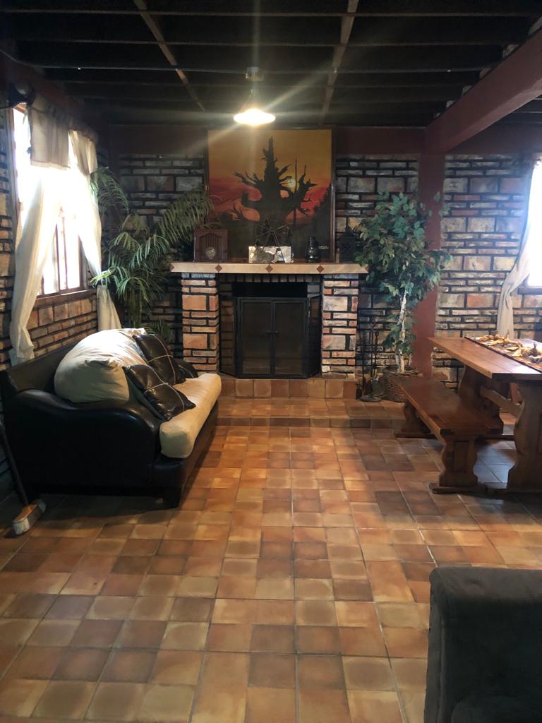 A rustic living area features a prominent fireplace surrounded by decorative plants and a large piece of wall art. A wooden dining table sits in the center, complemented by comfortable seating. Natural light filters through the windows adorned with sheer curtains.