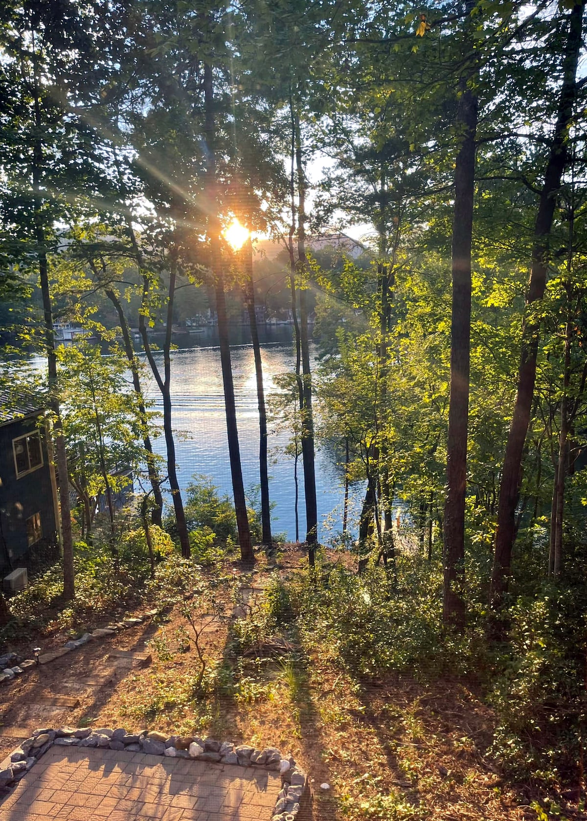 The image captures a serene view of the lake through a wooded area, with sunlight filtering through the trees. Reflections shimmer on the water's surface, while a stone pathway leads down to the lakefront, framed by vibrant greenery.