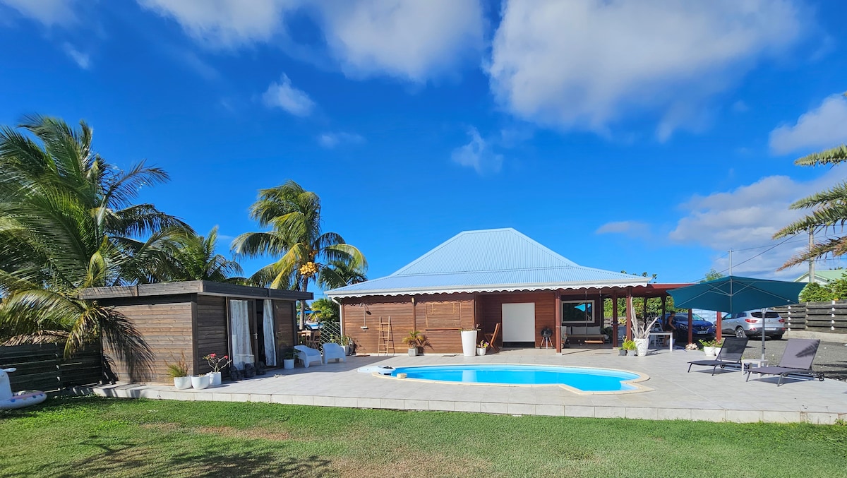 An outdoor area features a pool surrounded by paved flooring, with palm trees swaying nearby. A wooden structure stands to one side, with a cover providing shade. The house boasts a sloped roof, and bright blue skies stretch above, enhancing the tranquil setting.