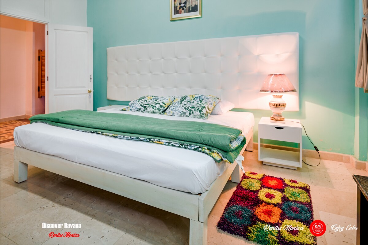 Dormitorio #8 con una cama tamaño king, aire acondicionado, baño privado, pequeña sala de estar, minibar y TV.
