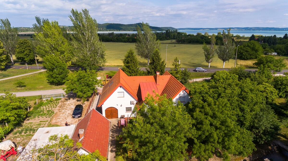 An aerial view showcases the charming house nestled among lush trees, with a vibrant red roof. A serene landscape extends in the background, featuring fields and the sparkling waters of Lake Balaton, emphasizing the property's tranquil rural setting.