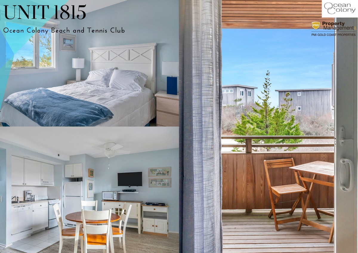 A bright bedroom features a spacious queen bed, accented by soft linens and natural light. A modern kitchen area displays white cabinetry and a round dining table with chairs. The balcony offers a wooden table and chairs, with views of the surrounding landscape.