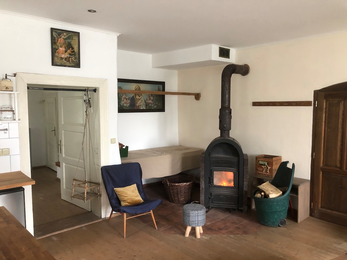 A cozy living area is highlighted by a wood-burning stove, providing warmth. A small round table is paired with a comfortable chair, while a swing hangs from the wall. The space features neutral-colored walls and wooden flooring, offering a rustic charm.