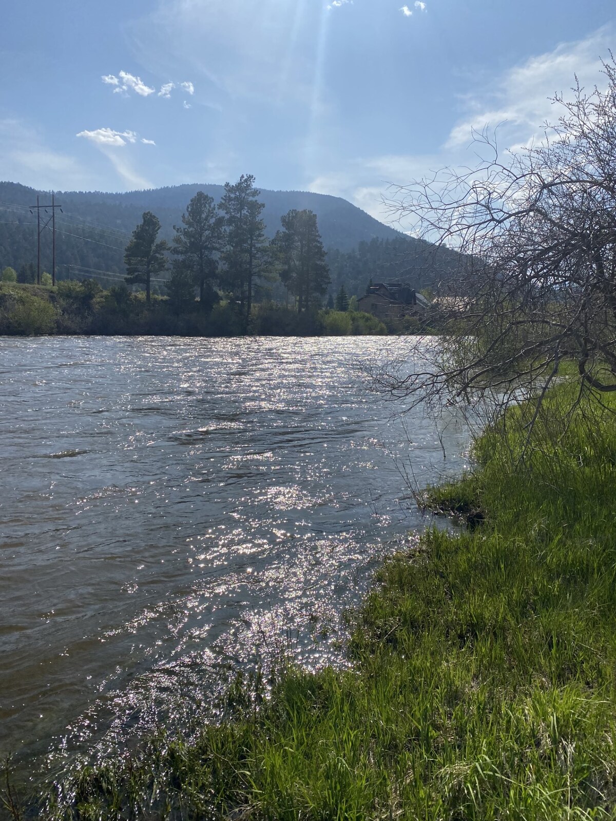A scenic view of a river flows gently, reflecting sunlight under a blue sky. Lush green grass borders the water, with trees lining the opposite bank. The backdrop features distant mountains, providing a serene outdoor landscape.