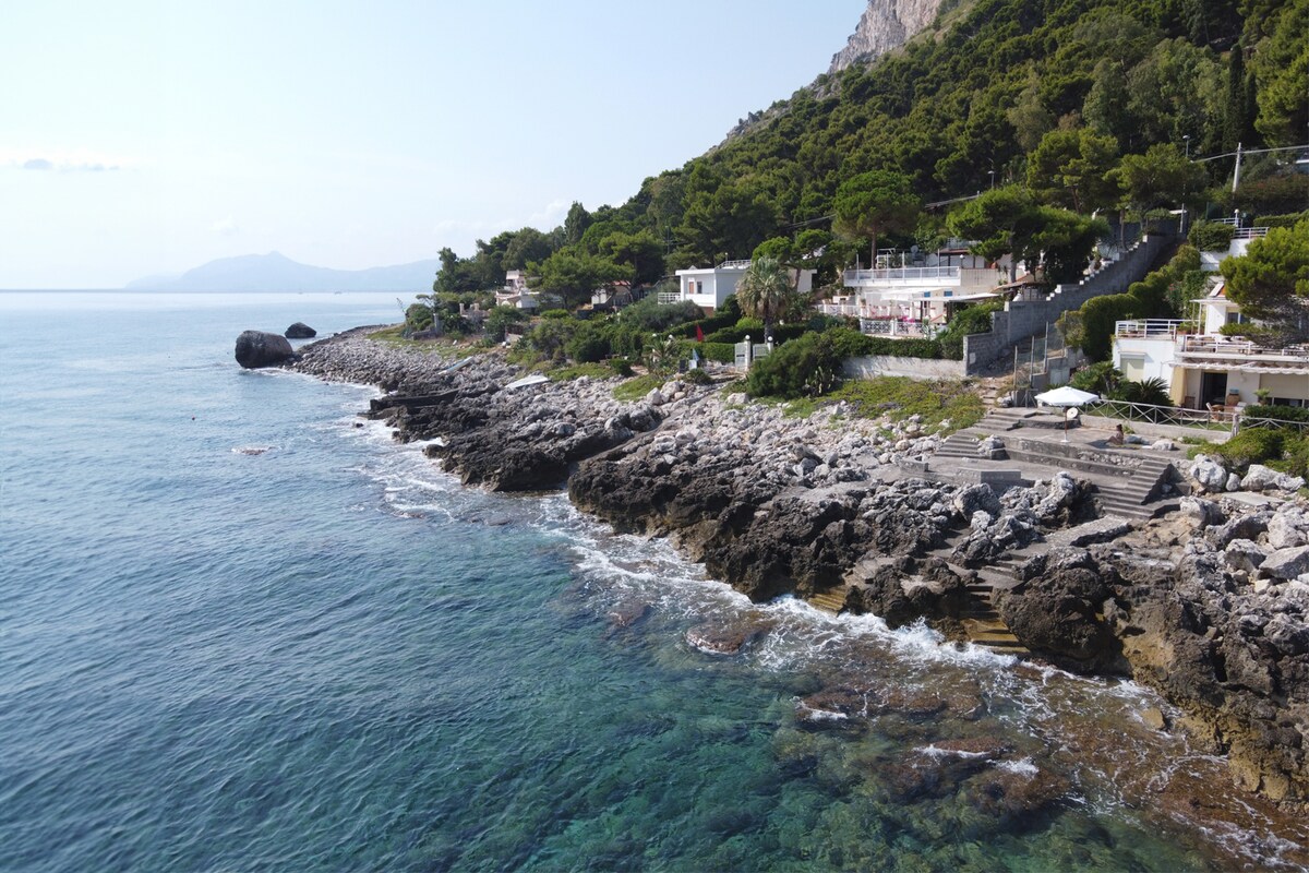 The coastline features rocky formations and clear turquoise water gently lapping against them. Lush greenery lines the shore, accompanied by a few white structures set against a backdrop of mountains. A pathway can be seen leading down to the water's edge.