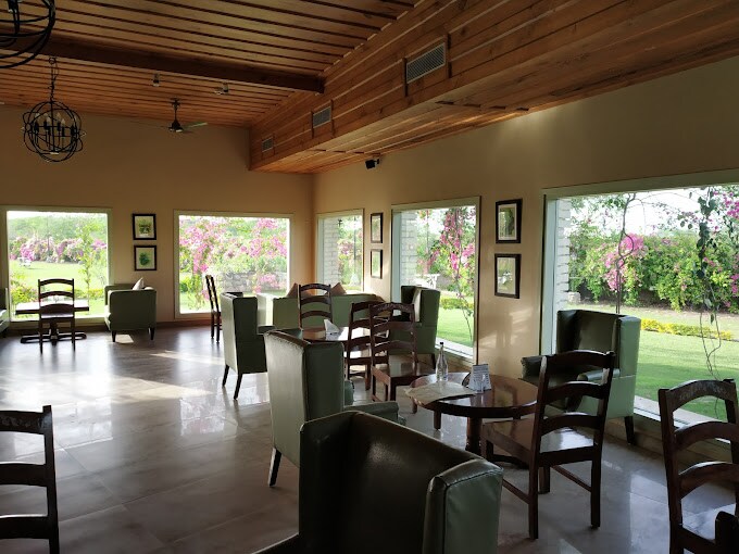 A bright and airy lounge area is present, featuring large windows that frame views of greenery and flowering plants outside. The space contains several wooden chairs and tables, with a warm wooden ceiling enhancing the open atmosphere.