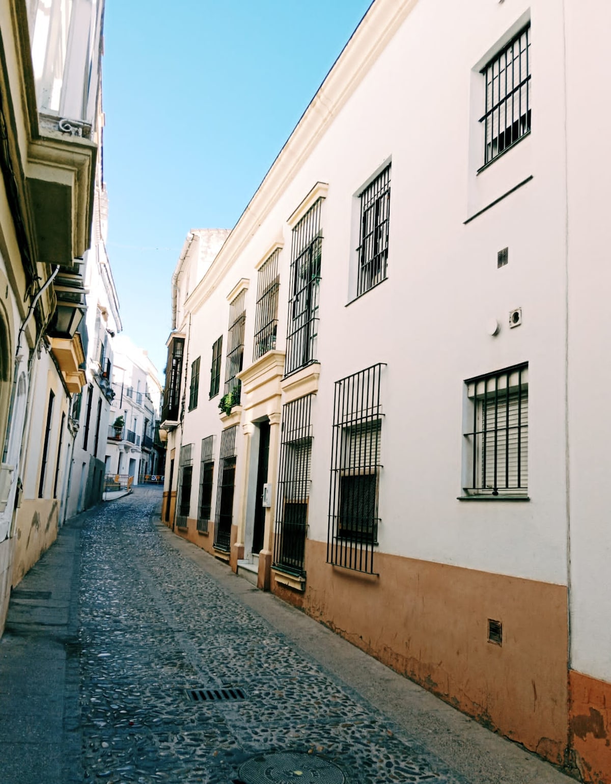 A narrow cobbled street gently curves between whitewashed buildings with traditional iron window bars. The smooth stone path leads into the distance, framed by quaint architecture and a clear blue sky above, creating a serene urban setting.