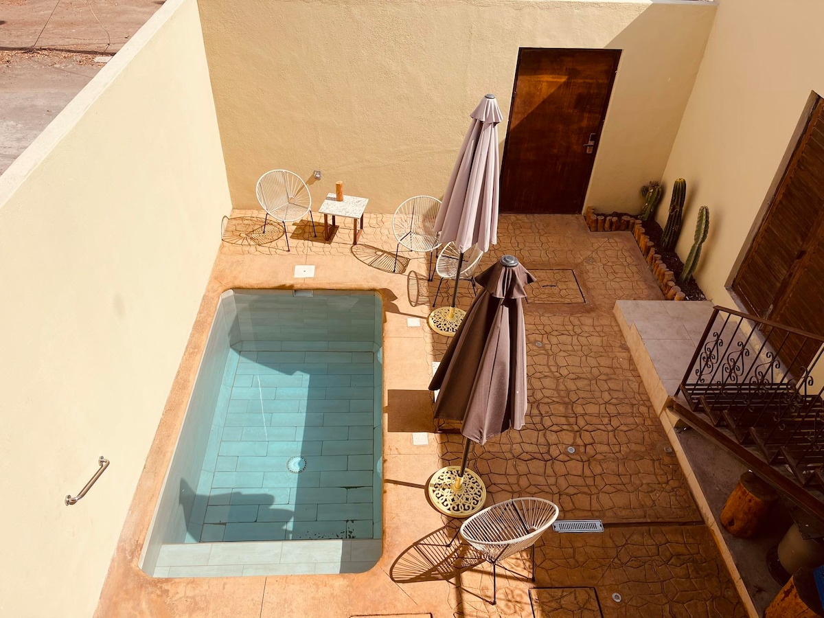 A shared outdoor pool area is depicted, surrounded by several chairs and two umbrellas. The pool is rectangular, showcasing clear blue water. A brown door and a textured wall form a backdrop, complemented by a few decorative cacti positioned against the wall.