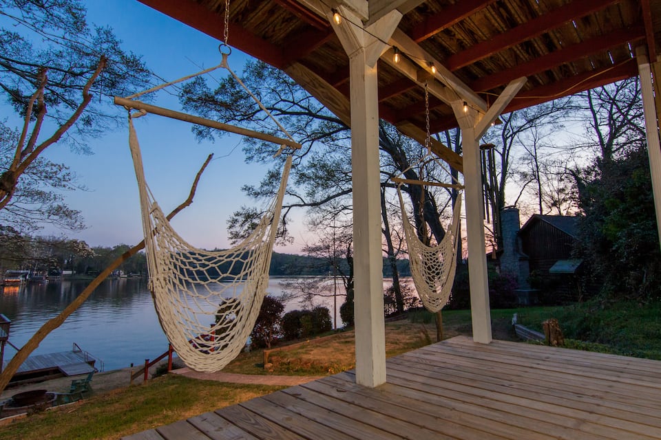Hammock chair on the lakeside deck