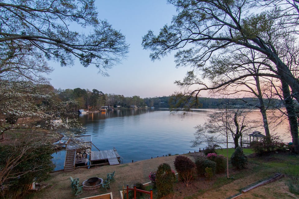 Shoreline and dock seen from the tiered backyard