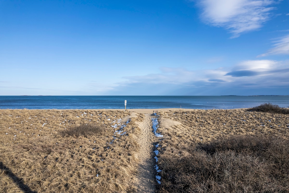 A tranquil beach view is presented, featuring a sandy path leading to the shore. Grassy dunes frame the scene, accented by patches of dried vegetation. A calm ocean extends towards the horizon under a clear blue sky, with soft cloud formations visible above.
