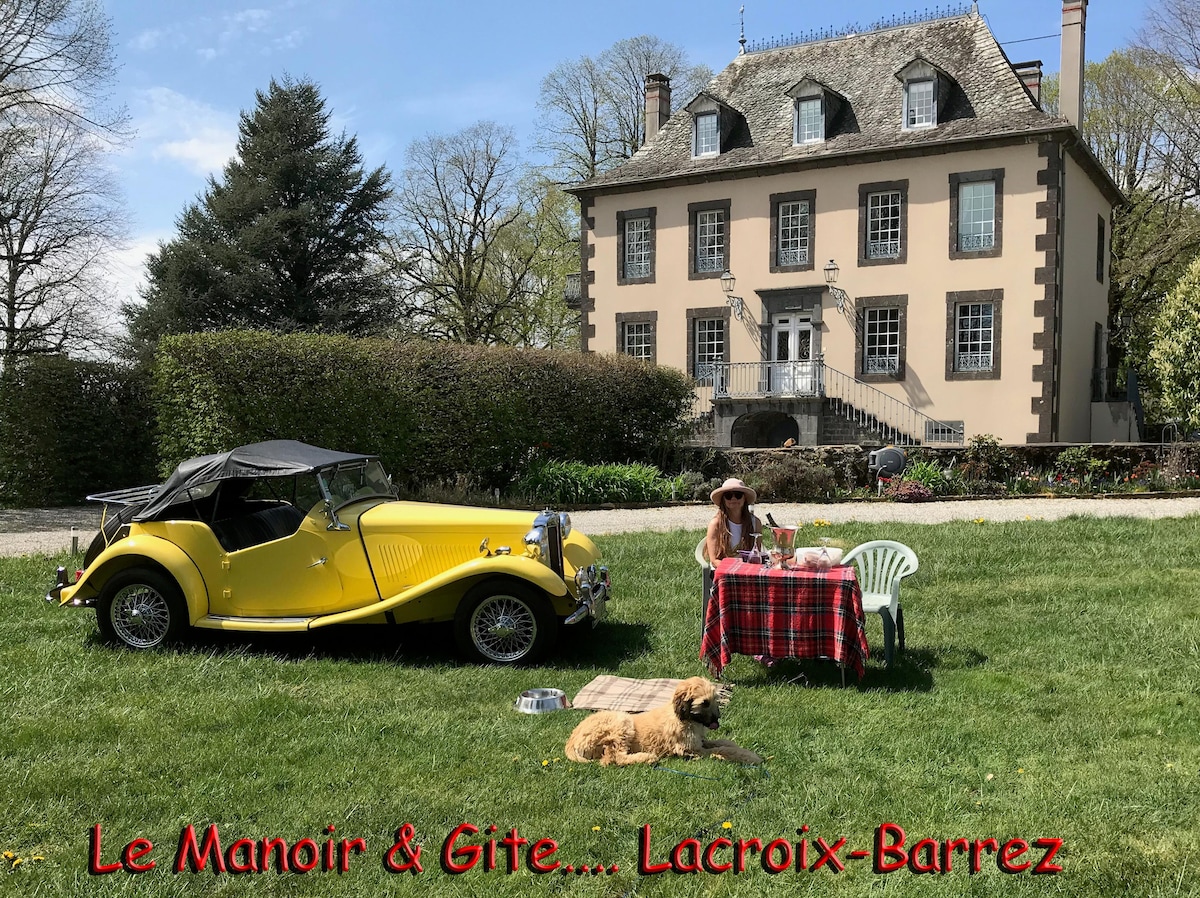 A vintage yellow car is parked on a grassy area in front of a grand manor house with a symmetrical facade. A table set with checkered cloth and two chairs is positioned nearby, alongside a dog resting on the grass. Lush greenery and trees frame the scene.
