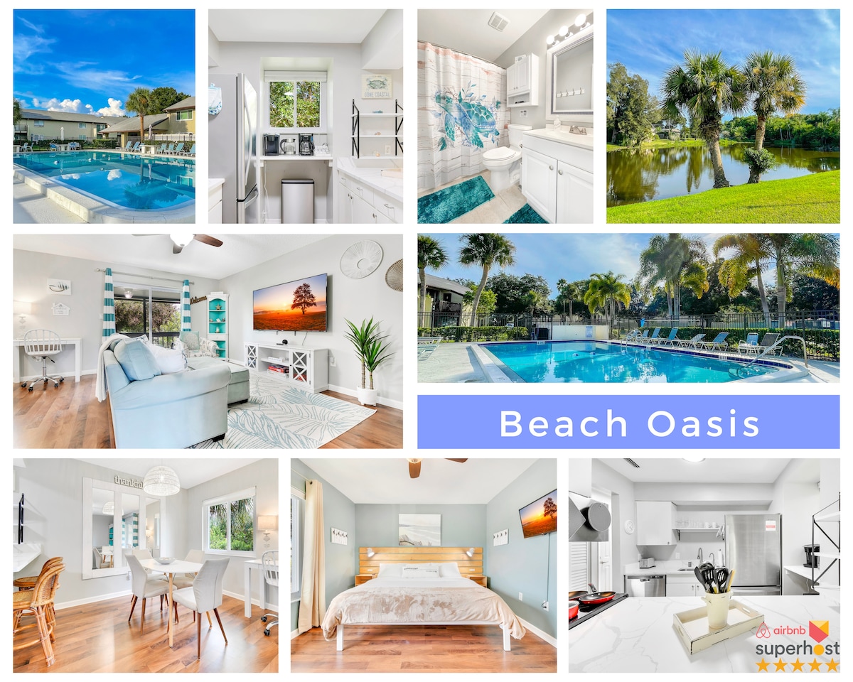 A collage showcasing various views of the Beach Oasis condo. Images include inviting swimming pools surrounded by palm trees, a modern kitchen with sleek appliances, a cozy living area featuring a serene lake view, and a spacious bedroom with a neutral color palette.