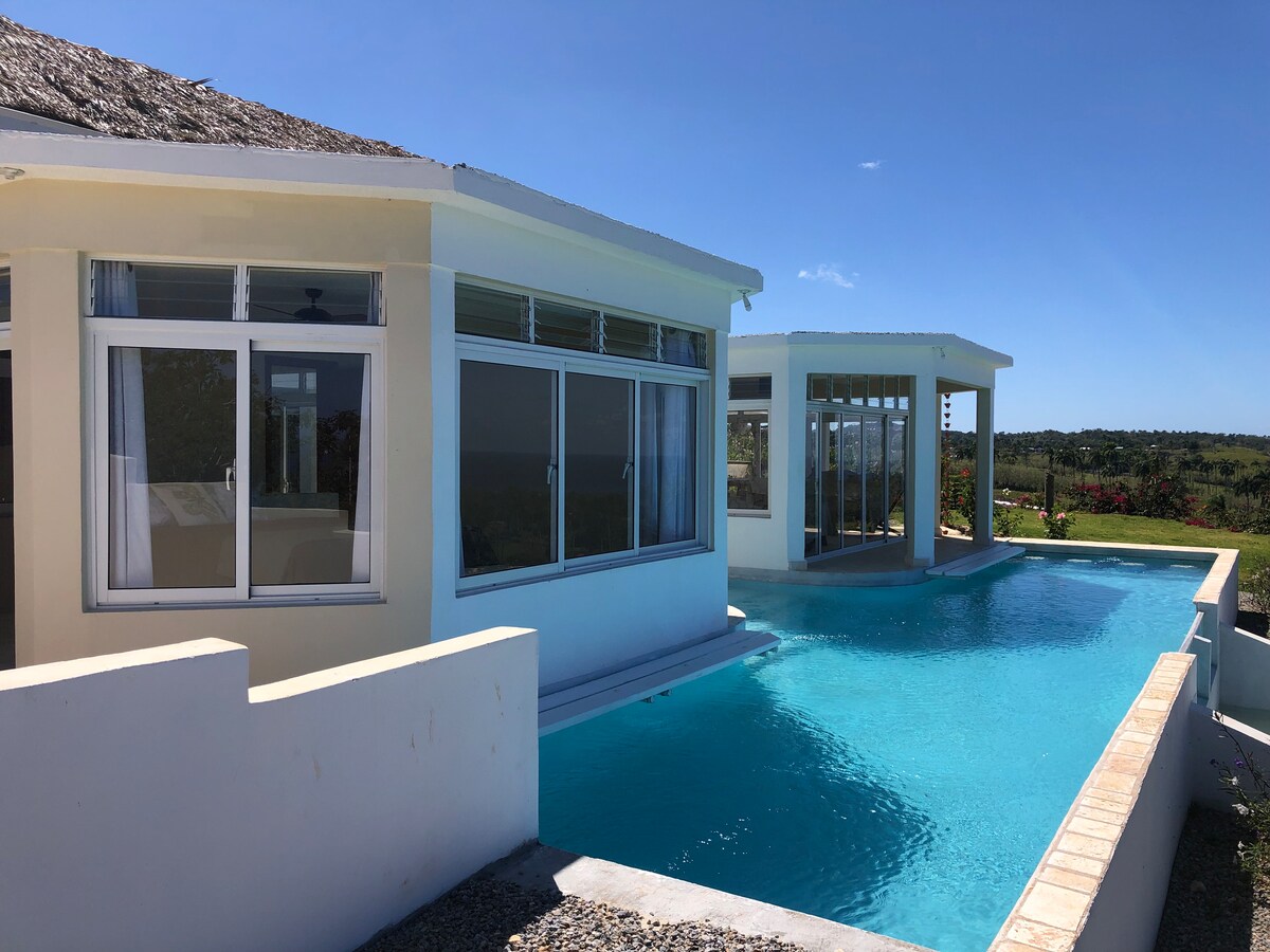 The modern villa features a well-lit exterior with large windows, providing views of the sparkling pool. The inviting pool is positioned alongside the house, reflecting the clear blue sky. Lush greenery and open land are visible in the background.