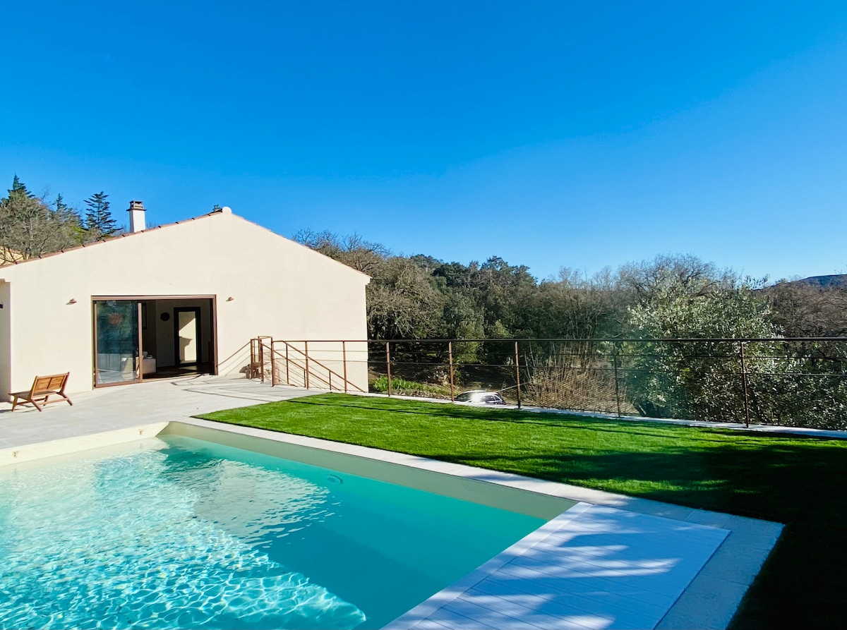 A modern house is visible, surrounded by greenery under a clear blue sky. The inviting pool is situated in front, with a neatly trimmed lawn leading to the entrance. Large glass doors provide a view of the interior while a wooden chair adds a touch of relaxation.
