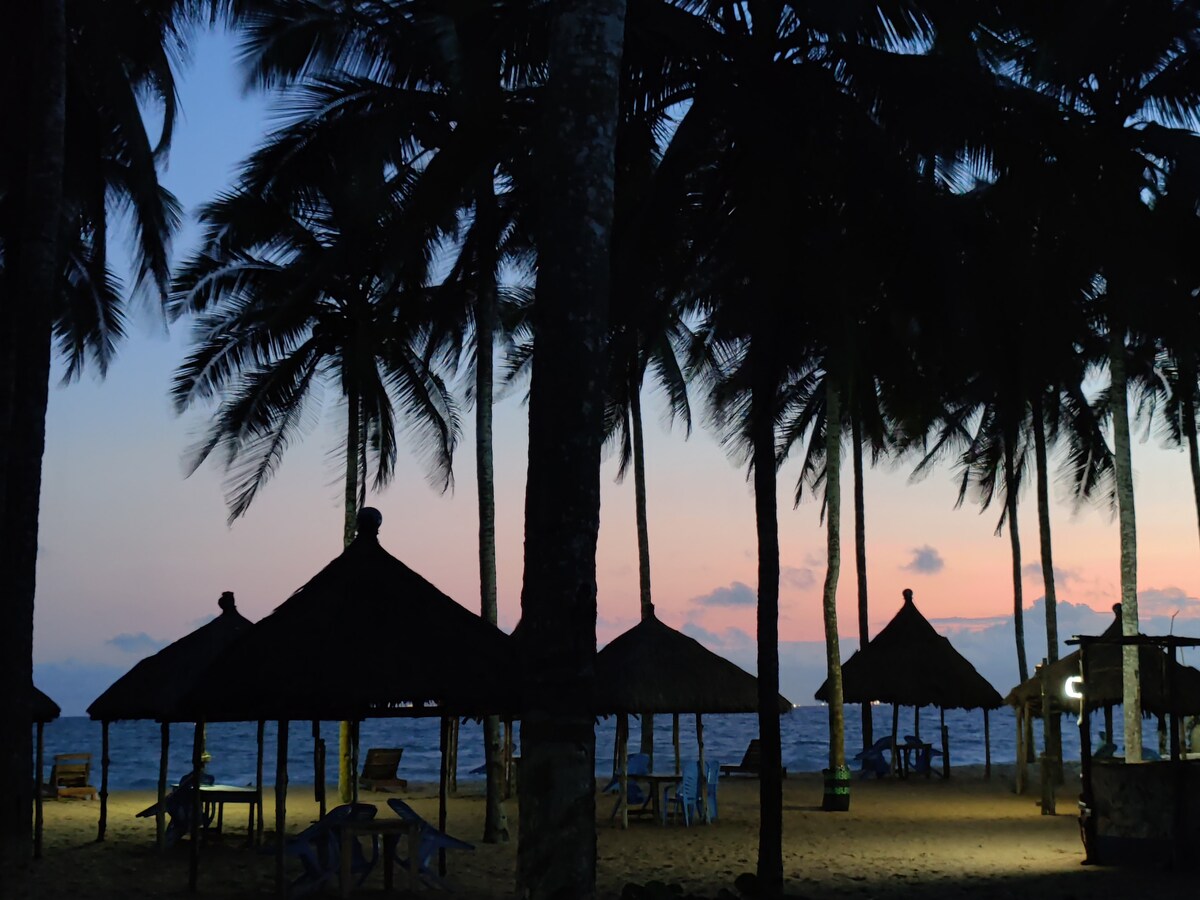 A serene beach scene is depicted at dusk, featuring numerous thatched-roof huts shaded beneath tall palm trees. Soft hues of twilight paint the sky above the horizon, where the ocean meets the land, creating a tranquil atmosphere.