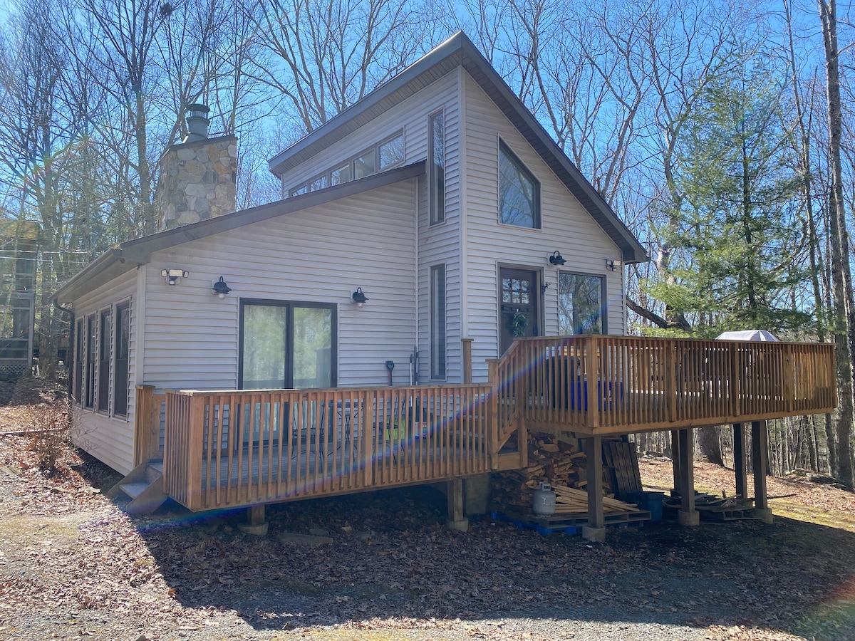 The exterior of the cabin showcases a spacious deck with wooden railings, inviting outdoor seating, and a stone chimney. Large windows and multiple entrances highlight the cabin's open design, while trees in the background provide a natural, serene setting.