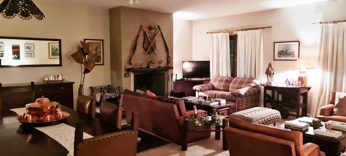 A cozy living area is highlighted by a stone fireplace, surrounded by comfortable seating arrangements. Soft lighting enhances the warm atmosphere, while decorative elements add character. A television is positioned on a side table, and large windows are dressed with soft curtains, allowing for natural light.
