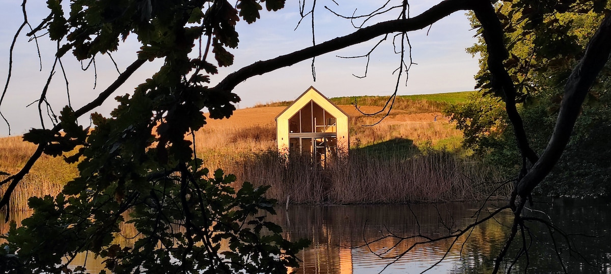 A charming cabin is visible across a serene body of water, framed by tree branches. The cabin features large windows that reflect the surrounding natural landscape, while tall grasses and reeds line the water's edge, enhancing the peaceful setting.
