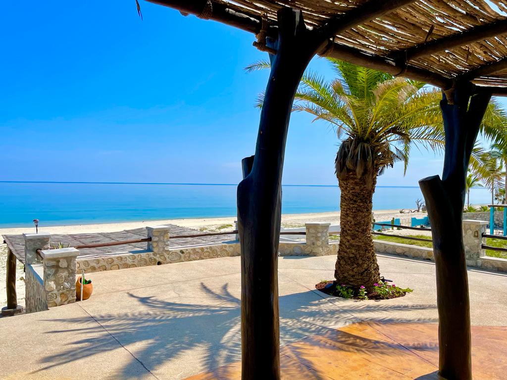 A shaded patio area is framed by a thatched roof supported by sturdy wooden posts. In the foreground, a palm tree stands beside a stone wall, while the calm sea and sandy beach stretch out in the background under a clear blue sky.