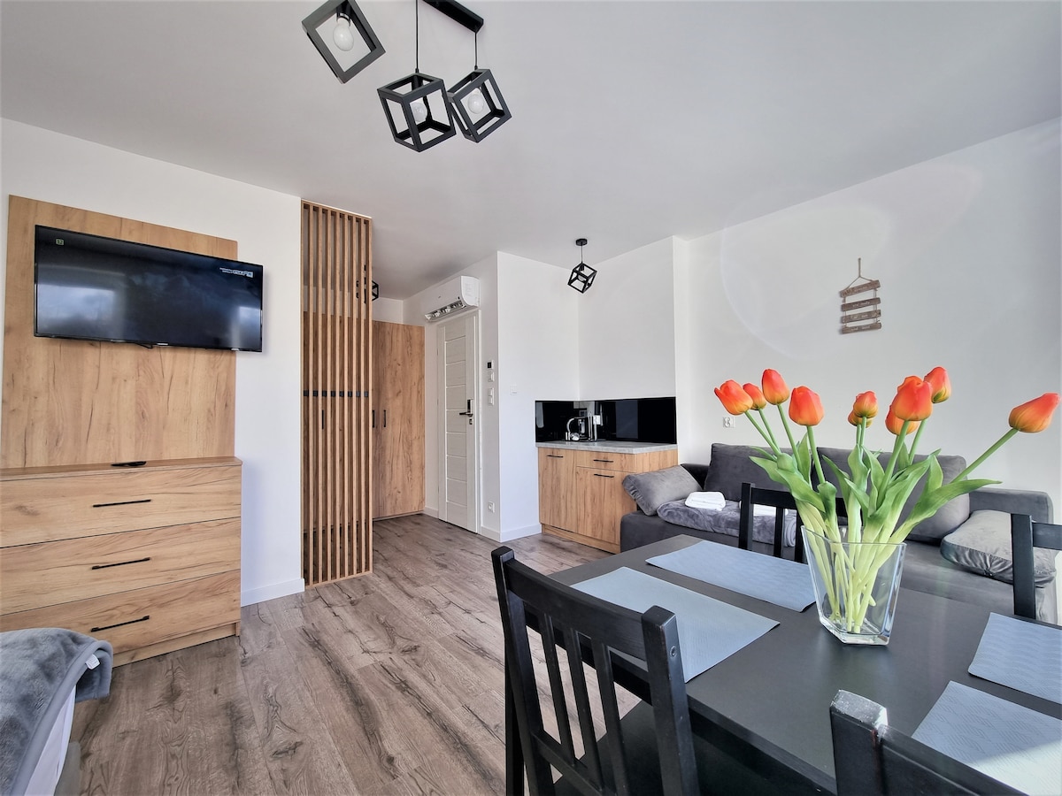 A bright living space is presented, featuring a dark-colored sofa and a wooden sideboard. A dining table is set with light blue placemats and a vase of orange tulips. A flat-screen television is mounted on the wall opposite the sofa, and natural light fills the area.