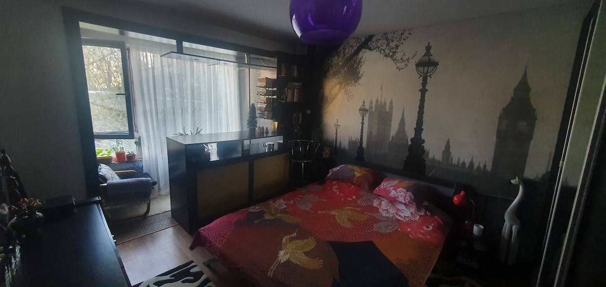 A bedroom area features a spacious bed adorned with a colorful floral blanket. A wall mural depicts a city skyline with iconic landmarks. Natural light filters through sheer curtains, illuminating a small seating area with a chair and plants in the background.