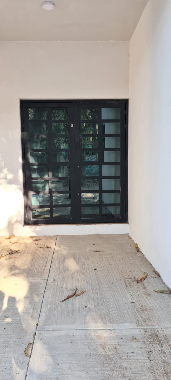 A set of black-framed double doors is positioned against a white wall. The doors feature a grid pattern and are surrounded by a paved area with scattered leaves, enhancing the connection to the outdoor environment.